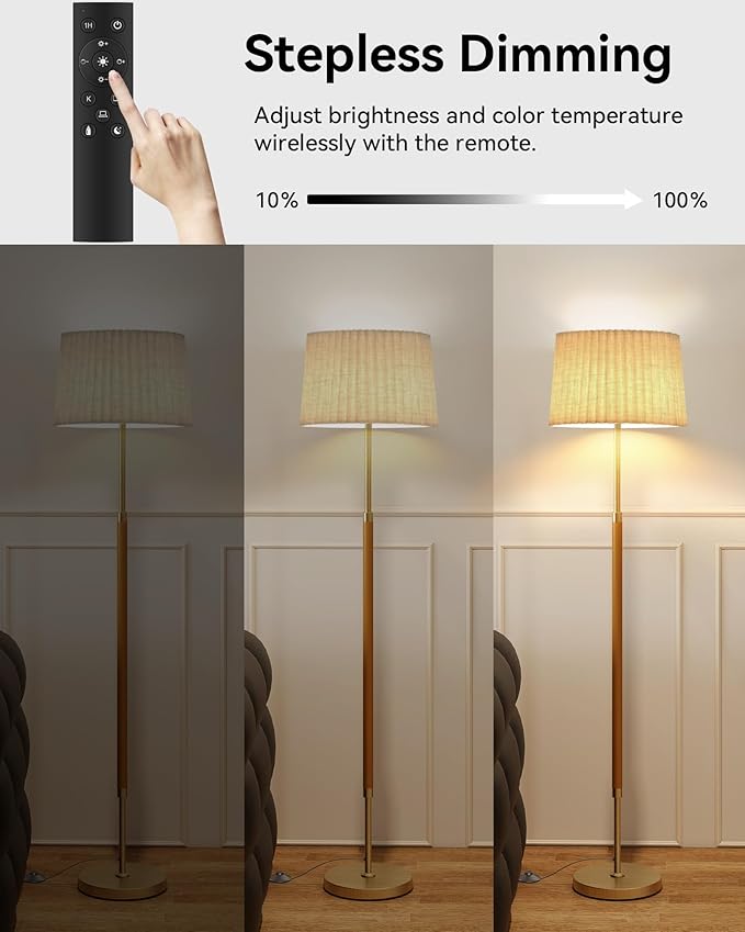 JOOFO Mid-Century Modern Wood Floor Lamp with Dual Fabric Shade, Remote Control, Dimmable & Adjustable Color Temperature, Reading & Living Room Lamp, Easy Clean Cover, Foot Switch