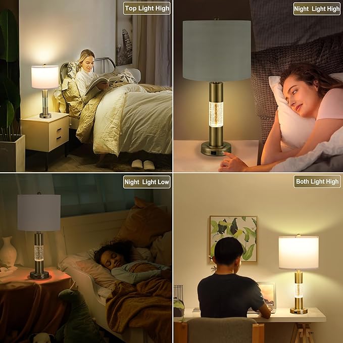 Serteaw Touch Control Table Lamp Set of 2 - Gold Crystal Nightstand Lamps with USB Ports, Stepless Dimming Mode, Stylish Side Lamp for Bedroom and Living Room, Energy-Efficient LED Bulb Included