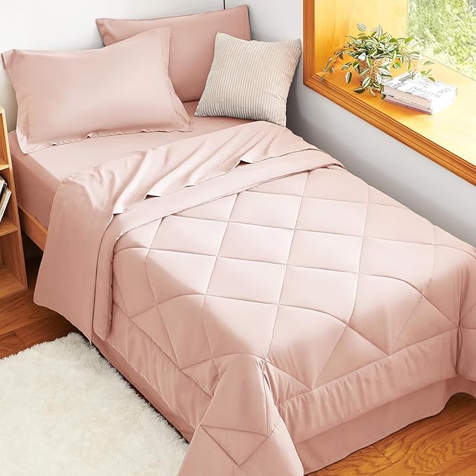 CozyLux Twin XL Comforter Set Blush Pink - 5 Pieces Twin Extra Long Bed in a Bag for College Dorm, All Season Bedding Set for Girls and Boys, Soft Bed Set with Comforter, Sheets, Pillowcase & Sham
