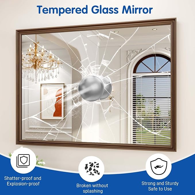 WEER Retro Copper Bathroom Mirror, 48x36 Inch Bronze Oil Rubbed Framed Mirror, Rectangle Classic Vintage Framed Wall Mirror, Farmhouse Vanity Mirror, Tempered Glass, Vertically or Horizontally