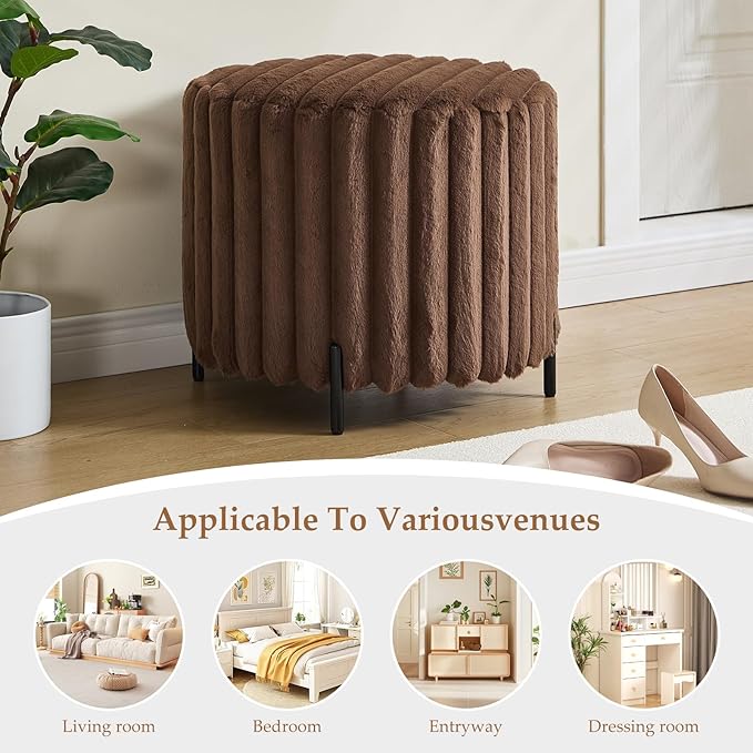 Furniliving Modern Round Ottoman, Large Size Bedroom Ottoman Footstool Round Ottomans Stool for Living Room, Bedroom, Makeup Room, Brown, Faux Fur