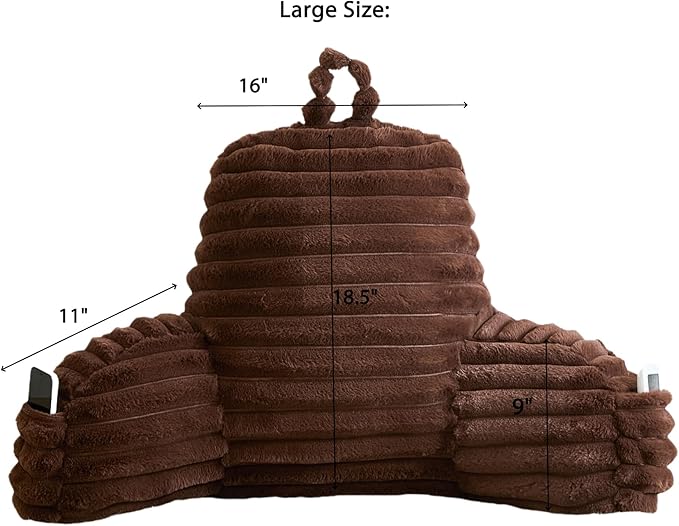 Faux Fur Fluffy Coffee Reading Pillow with Pockets, Luxury Striped Plush Decorative, Arm Rests and Back Surport for Bed Rest, Lounging on sofa, Large