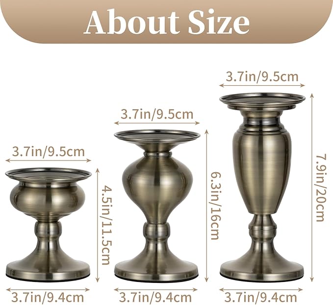 Sziqiqi Pillar Candle Holder Bronze: Vintage Metal Candle Holder for Table Centerpiece - Antique Candle Stand Set of 3 for Living Room Fireplace Dining Christmas Wedding Decorations