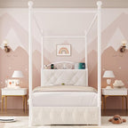 Keyluv Twin Upholstered Canopy Bed Frame with Drawer & Crystal Tufted Storage Headboard Metal Platform Bed with Charging Station & 4 Removable Posts No Box Spring Needed Curtain Not Included, Beige