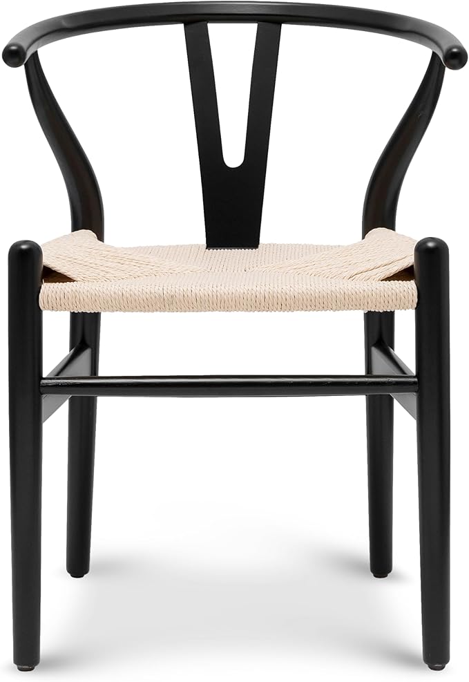 POLY & BARK Weave Dining Chair – Mid-Century Modern Wishbone Dining Chair with Arms, Solid Wood Frame, Indoor Use – Black – Single - Ideal for Dining Room, Kitchen or Stylish Accent Setting