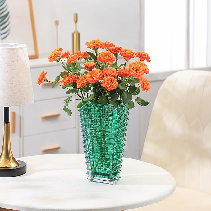 MCMCNCUIU Crystal Vase, Large Crystal Vases for Flowers, Green Large Flower Vase, Modern Glass Vases for Living Room, Bedroom, Kitchen, Dining Table, Mantle, Wedding, 9 Inches