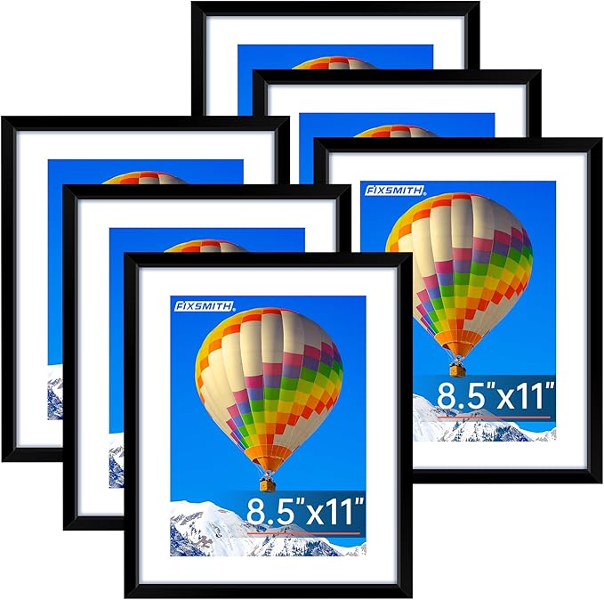 FIXSMITH 8.5x11 Picture Frame Set of 6, Black Photo Frame with HD Plexiglass, Display Pictures 5x7 with Mat or 8.5x11 Without Mat, Multi Picture Frames Collage for Wall Decor