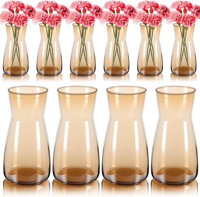 Thenshop 10 Pcs 8'' Tall Clear Flower Vase Wide Mouth Crystal Glass Boho Decorative for Centerpieces Bulk Tall Vase for Flower Bouquets Rustic Home Decor Wedding Housewarming Gift (Amber)