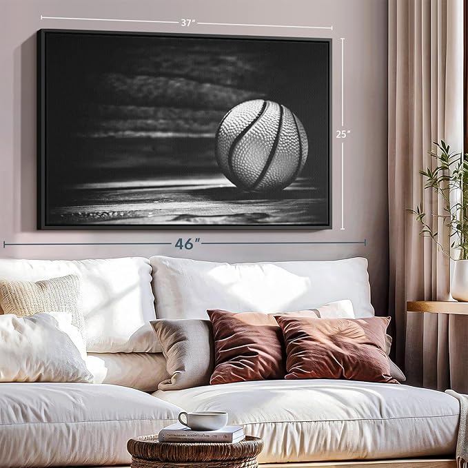 ElephantStock Basketball Wall Art - Horizontal Framed Canvas - 1-Piece Hallway Wall Decor - Photography sports Canvas Print - Black and Gray Decor for Wall - 37" X 25"