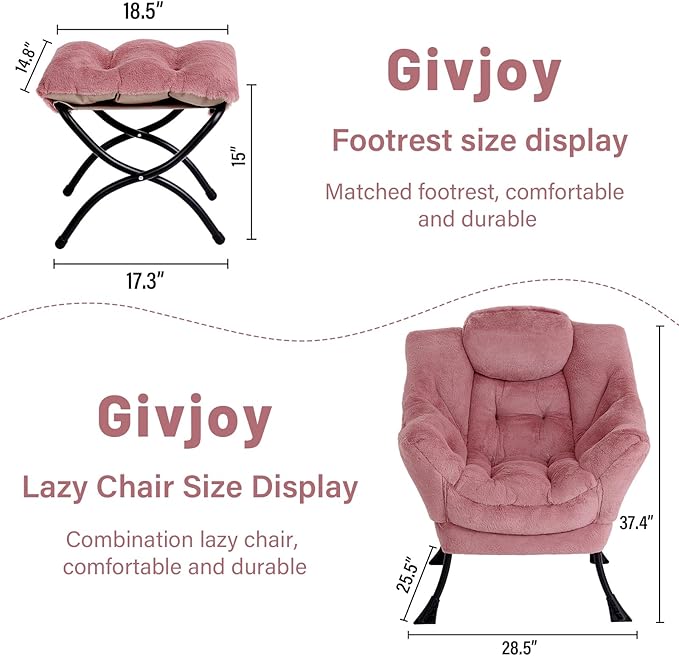 Cozy Lazy Chair and Ottoman, Large Contemporary Accent Lounge Chair Set, Leisure Upholstered Reading Armchair for Bedroom, Living Room, Dorm Rooms, Office