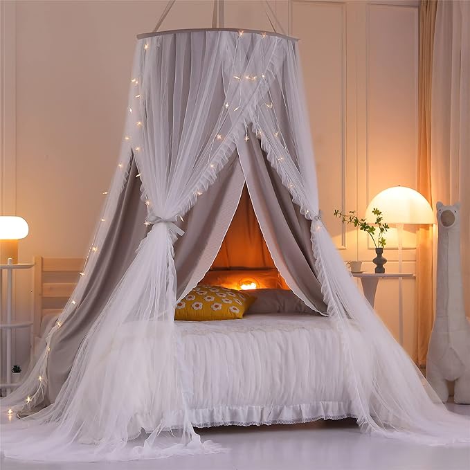VETHIN Double Layer Princess Round Dome Canopy Bed Curtain for Girls Adults,Children Dreamy Mosquito Net,Cute Bedroom Decoration Castle Play Tent Reading Nook Canopies(Dome-Grey/White)