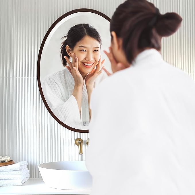 OVALCREST - Oval Wooden Beveled Wall Mirror for Home Decor, Bathroom, Vanity, Bedroom, Living Room, Hallway - London Style (Black Walnut) 13.1 x 17.1