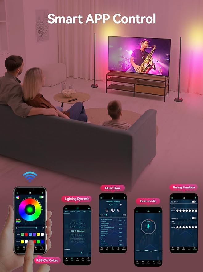 Smart RGBICW LED Corner Floor Lamp 2 Pack - 16 Million DIY Colors, 68+ Scenes, Music Sync, App & Remote Control, Color-Changing Ambient Lighting for Living Rooms, Bedrooms, and Gaming Rooms