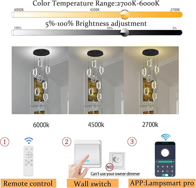 Black 8 Rings Crystal Chandelier for Foyer Stairwell High Ceiling Chandelier Dimmable Oval Crystal Ring Pendant Light