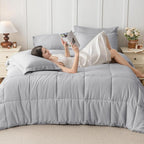 JOLLYVOGUE Queen Comforter Set, Ultra-Soft Bed in a Bag Queen Size 7 Pieces, Oeko-TEX Certified Bedding Set with Down Alternative Comforter, Sheets, Pillowcases & Shams, Light Grey