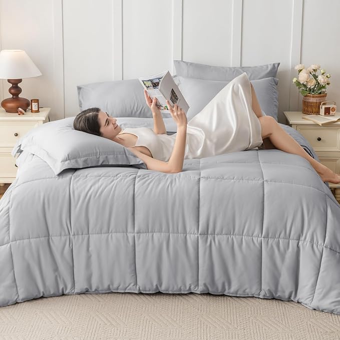 JOLLYVOGUE Queen Comforter Set, Ultra-Soft Bed in a Bag Queen Size 7 Pieces, Oeko-TEX Certified Bedding Set with Down Alternative Comforter, Sheets, Pillowcases & Shams, Light Grey