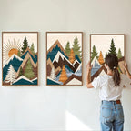 Tinonedraw Large Metal Mountain Framed Canvas Wall Art, Boho Rustic Sunrise Forest Wall Decor, 3 Piece Modern Nature Artwork, Vintage Wilderness Art Print for Living Room Bedroom Office 24"x36"x3