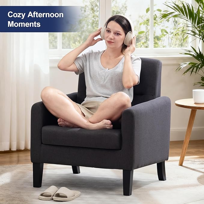 Accent Chair, Mid Century Modern Living Room Chairs Comfy Reading Chair with Upholstered Cushion Relax Armchair for Bedroom Apartment,Office,Dark Grey