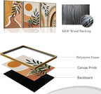 Bwodke Boho Wall Art, Framed Abstract Sun Wall Art, Botanical Canvas Wall Decor, Mid Century Line Leaf Geometric Pictures Set of 3, Minimalist Paintings, for Bedroom Living Room Bathroom 16"x24"