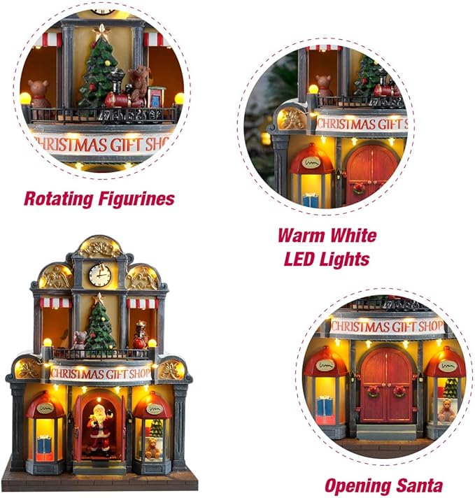 12" Animated Christmas Village House with LED Lights & Music - Spinning Train, Dynamically Moving Santa, Handpainted Resin Shop for Indoor Home Tabletop Decor