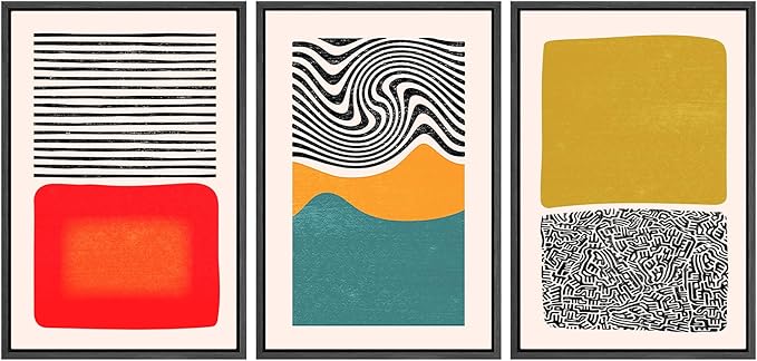 SIGNWIN Framed Canvas Print Wall Art Set Mid-Century Color Blocks & Spirals Abstract Shapes Illustrations Modern Art Contemporary Minimal Ultra for Living Room, Bedroom, Office - 24"x36"x3 Black
