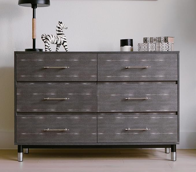 Grey Dresser for Bedroom, 6 Drawer Wood Dresser with Modern Storage Organizer, Wide Chest of Drawers for Clothes, Closet, Living Room