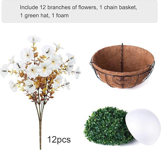 Artificial Fall Flowers Fake Hanging Plants Flowers Basket for Outdoors Autumn Decoration, Silk Morning Glory with Eucalyptus Look Real UV Resistant Faux Flowers for Outside Porch Patio Balcony, White