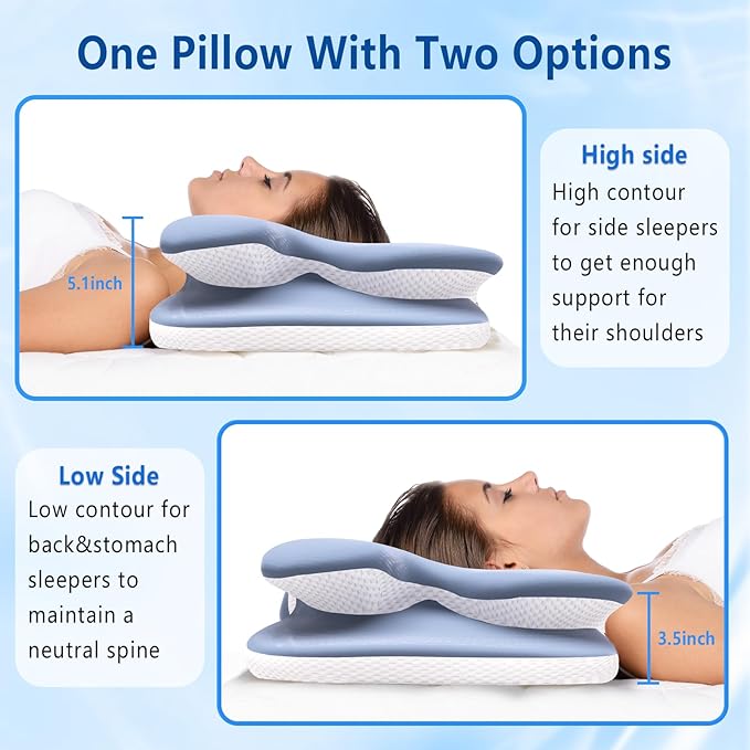 Cervical Pillow for Neck Back Pain Relief Memory Foam Contour Pillow Ergonomic Orthopedic Neck Pillow for Sleeping Cervical Support Pillow for Back Side Stomach Sleeper Cooling Pillowcase (Blue)