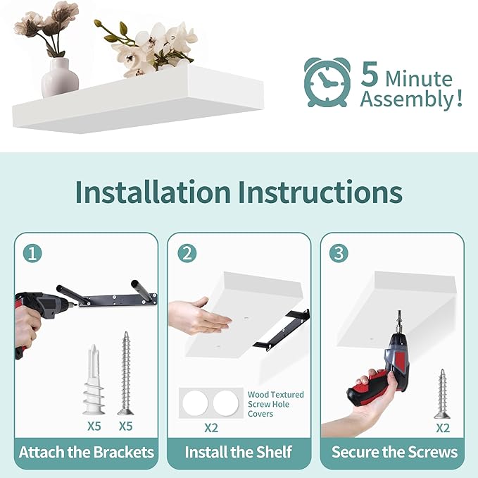 LaVie Home Floating Shelves, 15.6 Inch Wall Shelf Set of 3, Hanging Shelf with Invisible Brackets, Wall Decor for Bathroom, Bedroom, Living Room, Kitchen Storage, Modern White