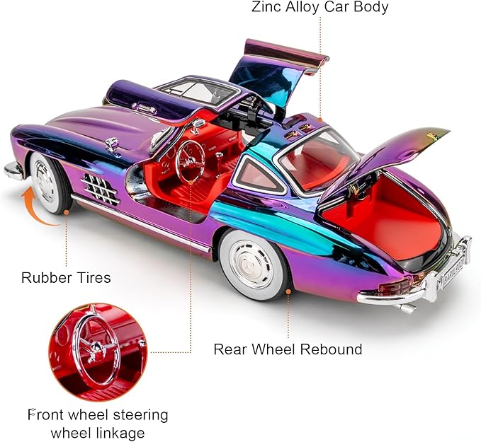 1/24 300SL Diecast Car Model Toy, Collectible 300SL Vintage Car with Sound and Light, Zinc Alloy Pull Back Toy Vehicle for Adult Boys Girls (Purple)