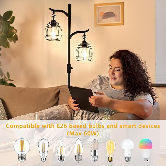 9MMML Floor Lamp for Living Room, Farmhouse Industrial Dimmable Floor Lamps with 2 Hanging Teardrop Cage, Vintage 67'' Tall Black Tree Standing Lamp for Bedroom Office, 2 x 800LM LED Bulbs Included