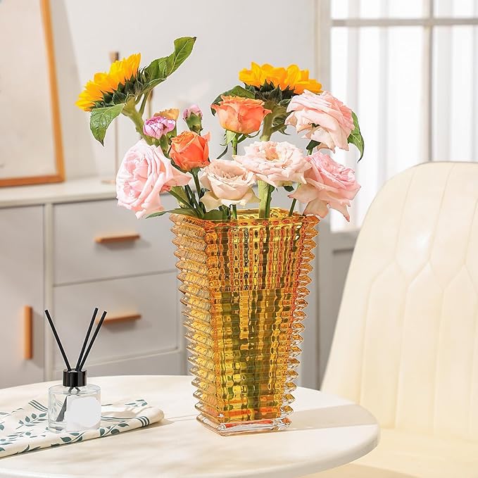 MCMCNCUIU Crystal Glass Vase, Large Crystal Vases for Flowers, Large Flower Vase,Amber Modern Vases for Living Room, Bedroom, Kitchen, Dining Table, Mantle, Wedding, 11 Inches