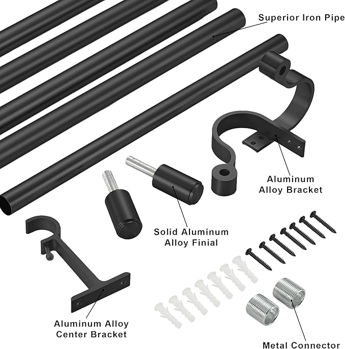Curtain Rods for 28-68” Windows, Splicing Construction, 1” Adjustable Drapery Rod with Aluminum Alloy Brackets and Finials for Window, Sliding Door, Patio, Living Room Decoration, Matte Black