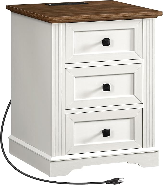 Nightstand with 3 Drawers, 18 Inch Wide End Table with Charging Station, Farmhouse Bedside Table, Side Table for Bedroom, Study, White and Walnut