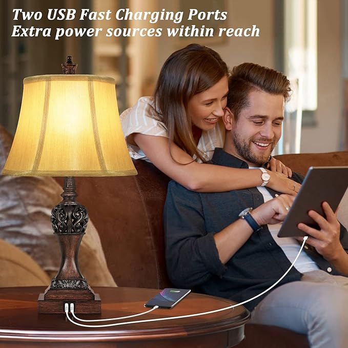 Set of 2 Touch Control 3-Way Dimmable Table Lamps with 2 USB Charging Ports Traditional Bedside Lamps with Bell Shape Faux Silk Shade & Brown Base for Bedroom Nightstand Living Room LED Bulbs Included