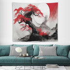 Cherry Blossoms Tapestry,Japanese Red Landscape Asian Watercolor Abstract Art Tapestry,Japanese Wall Tapestry, Nature Landscape Tapestries for Bedroom Living Room Decor 60"x50"