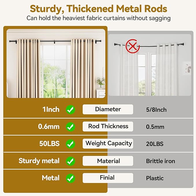 Curtain Rod 32-88 Inch, Heavy Duty 1 Inch Adjustable Curtain Rods for Windows, Black Long Window Treatment Rods, Modern Design, Easy Installation