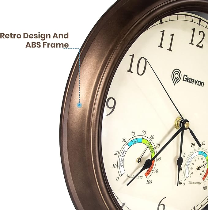 Geevon 14 Inch Retro Wall Clocks Battery Operated with Hygrometer and Thermometer Combo, Silent Wall Clock Non-Ticking Quartz Decorative for Kitchen Living Room School Bedroom