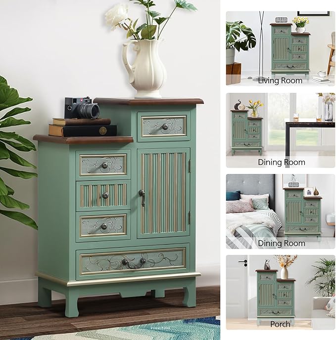 Vintage Accent Chest with 5-Drawers and Door Carved Wood Storage Cabinet Modern Dresser for Living Room, Entryway, Hallway, Sage Green