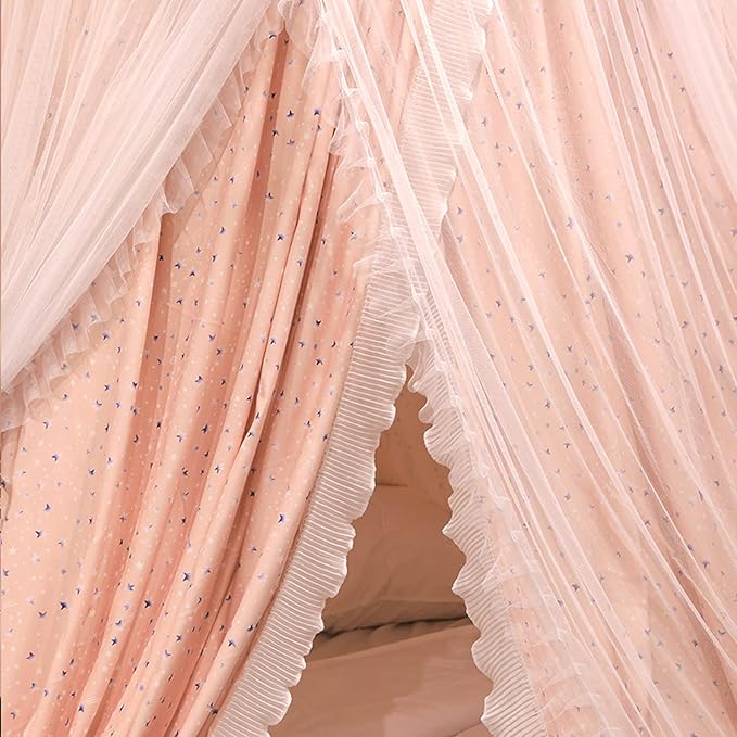 Kertnic Luxurious Bed Canopy for Girls & Adults, Large Elegant Double Layer Bed Curtain Canopy Drapes, Round Dome Lace Princess Canopies Netting (Star)