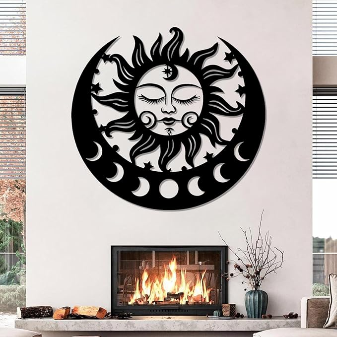 Sun and Moon Metal Wall Decor, Moon Phase Metal Wall Decor, Boho Celestial Wall Art, Celestial Sun Moon Wall Art, Large Sun Face Wall Hanging for Living Room, Outdoor (White, 42"x39"/106x100cm)