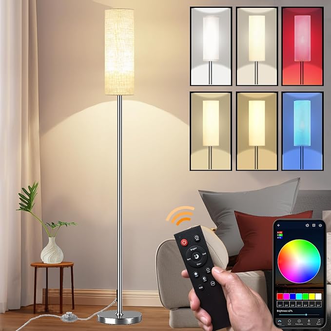 Smart LED Floor Lamp with APP Control & RGB Colors - Dimmable Standing Lamp for Living Room, Bedroom, Gaming - Remote, Timer, 9W Bulb Included, 67" Modern Tall Lamp (Silver Beige)