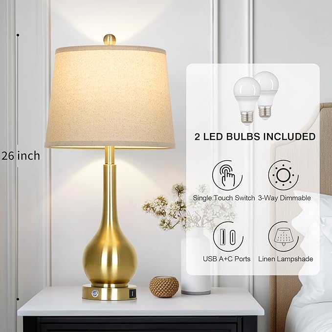 26" Gold Table Lamps Set of 2 for Living Room, Touch Control Bedroom Lamps for Nightstand, 3-Way Dimmable Bedside Lamp with USB A+C Port (2 LED Bulbs Included)