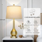 26" Gold Table Lamps Set of 2 for Living Room, Touch Control Bedroom Lamps for Nightstand, 3-Way Dimmable Bedside Lamp with USB A+C Port (2 LED Bulbs Included)