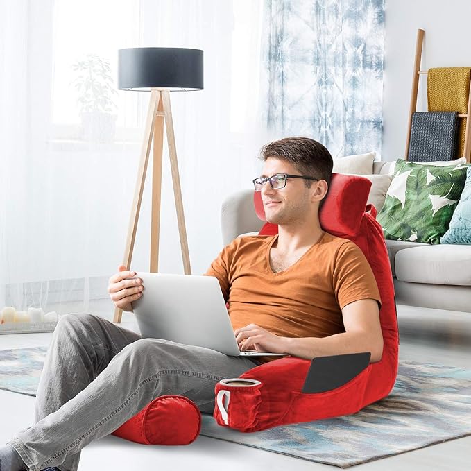 Nestl Reading Pillow Large Bed Pillow, Back Pillow for Sitting in Bed Shredded Memory Foam Chair Pillow, Reading & Bed Rest Pillows Cherry Red Back Pillow for Bed, Bed Chair Arm Pillow with Pockets