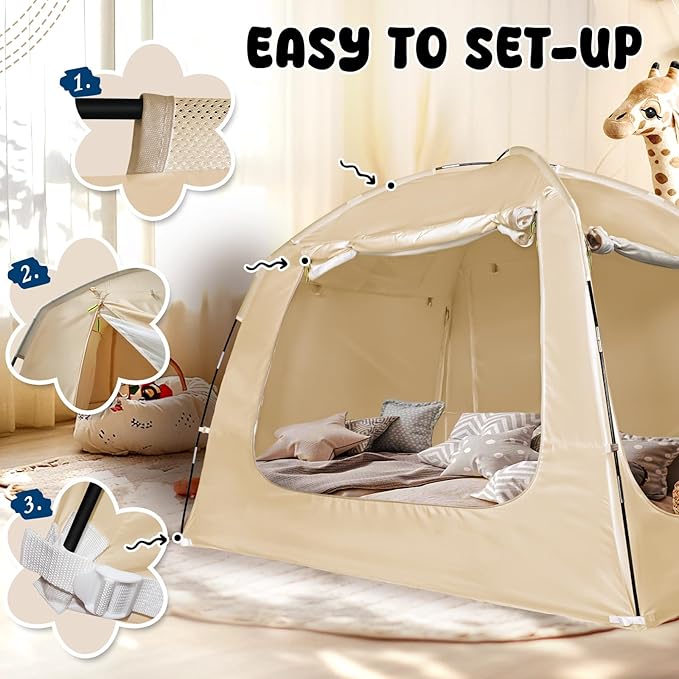 Bed Tent Bed Canopy Breathable 100% for Adult and Kids Light Reduction Sleeping Dream Tents Indoor Portable Big Space with String Light 4 Doors Twin Full Queen King Size