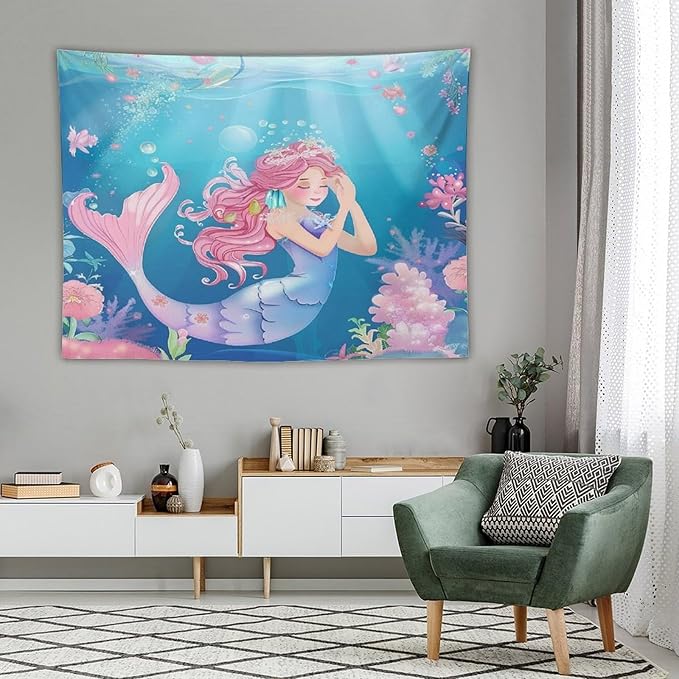 HZOHNAGO Mermaid Girls Tapestry Watercolor Flowers Mermaid Princess Blessing Pattern for Kids Room Decoration Printed Wall Tapestry Wall Hanging for Bedroom Living Room Dorm 80" W x 60" H