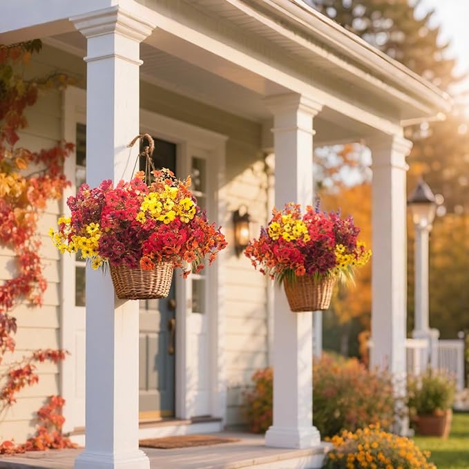 20 Bundles UV Resistant Artificial Fall Flowers for Outdoor - No Maintenance Thanksgiving Decor with Orange Blooms, Faux Silk & Plastic Plants for Porch, Yard (Fall Coffee Mix)