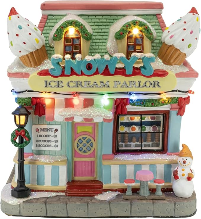 Snowy's Ice Cream Parlor Porcelain Christmas Village with LED Lights