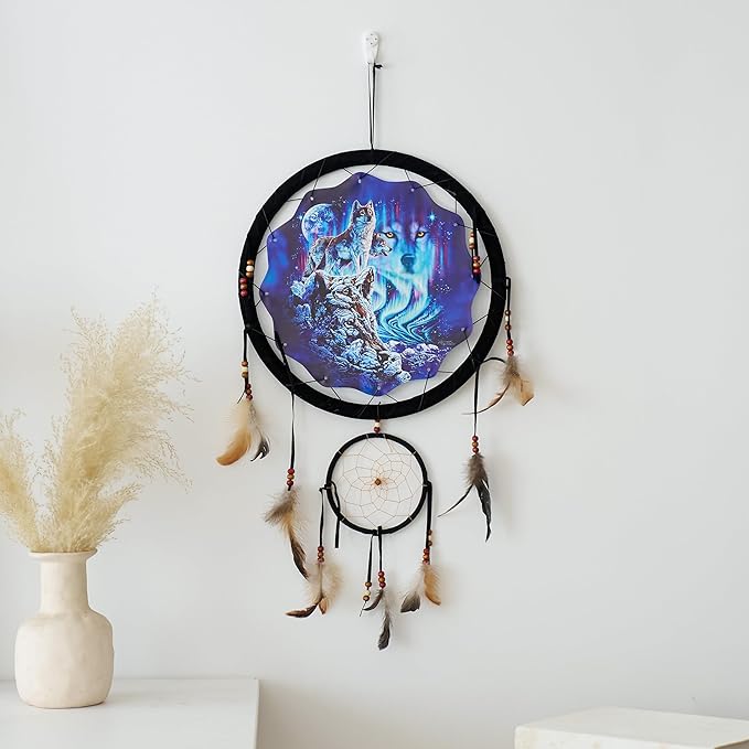 Remorelt Wolf Eagle Bear Dream Catcher Bedroom Wall Decor, Christmas Home Decoration, Room Accessory, White Moon Feather Decoration - Unique Home Craft Wall Pendant (DC03 13inch Set 3 Wolves)